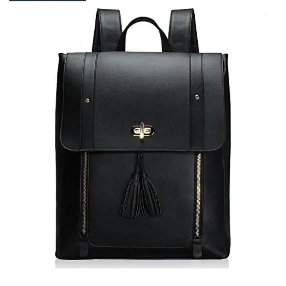 Black Faux Leather Backpack with Tassel Detail